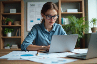 Jeune femme concentrée sur son ordinateur en workspace moderne