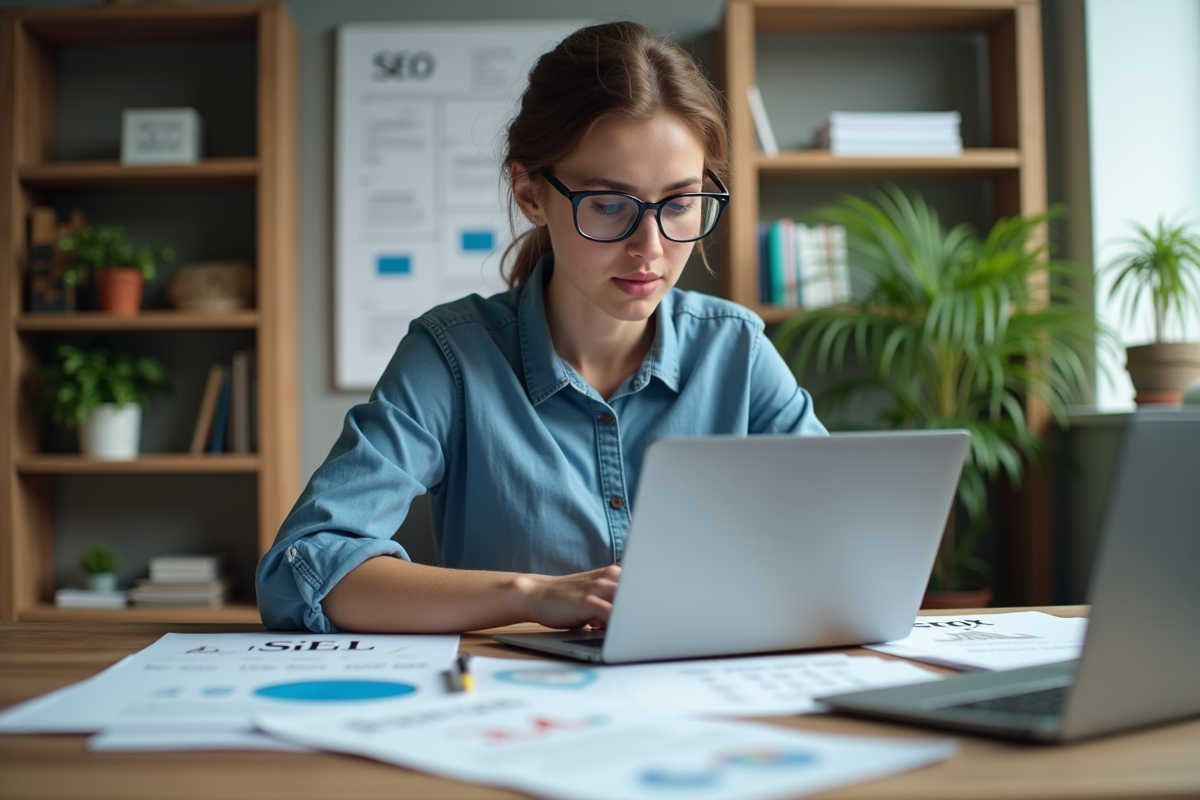 Jeune femme concentrée sur son ordinateur en workspace moderne