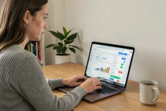 Une femme consulte les paramètres de confidentialité de son compte Google sur un ordinateur portable dans un bureau à domicile
