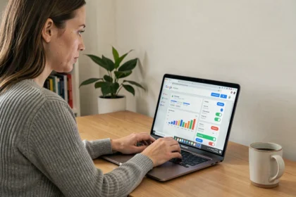 Une femme consulte les paramètres de confidentialité de son compte Google sur un ordinateur portable dans un bureau à domicile