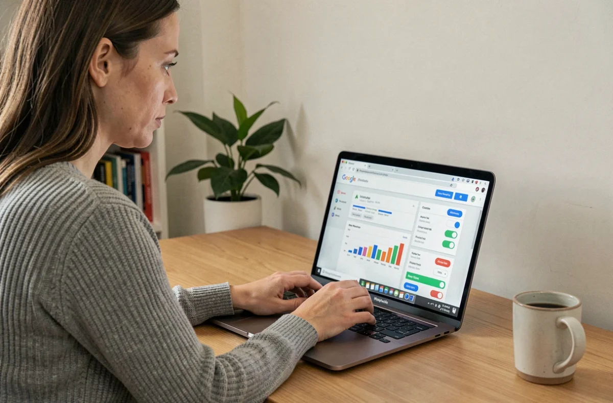 Une femme consulte les paramètres de confidentialité de son compte Google sur un ordinateur portable dans un bureau à domicile
