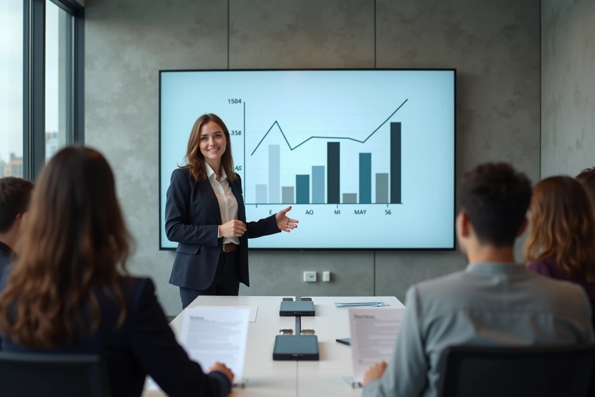 Jeune femme présentant un graphique sur un moniteur dans une salle de réunion moderne