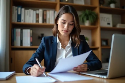 Femme professionnelle en bureau moderne lisant un document