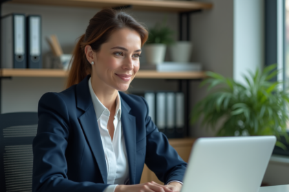 Femme en costume navy travaillant sur un tableau de bord digital