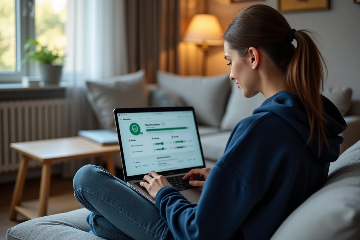 Femme optimisant et réparant son système Windows sur un ordinateur portable dans un salon confortable