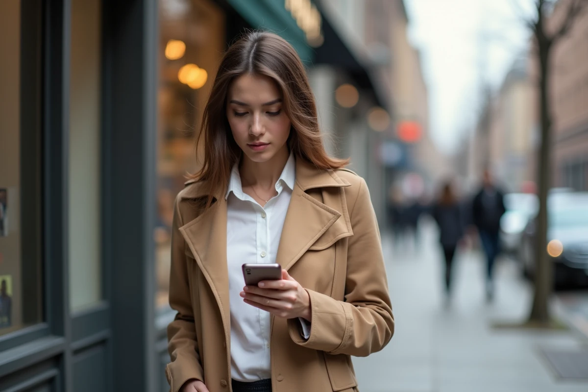 Femme en ville utilisant une application mobile pour consulter des stories Instagram de façon anonyme dans la rue
