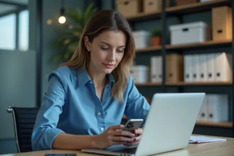 Femme en blouse bleue utilisant son smartphone pour la securite informatique