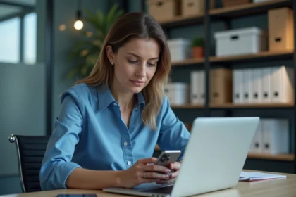 Femme en blouse bleue utilisant son smartphone pour la securite informatique
