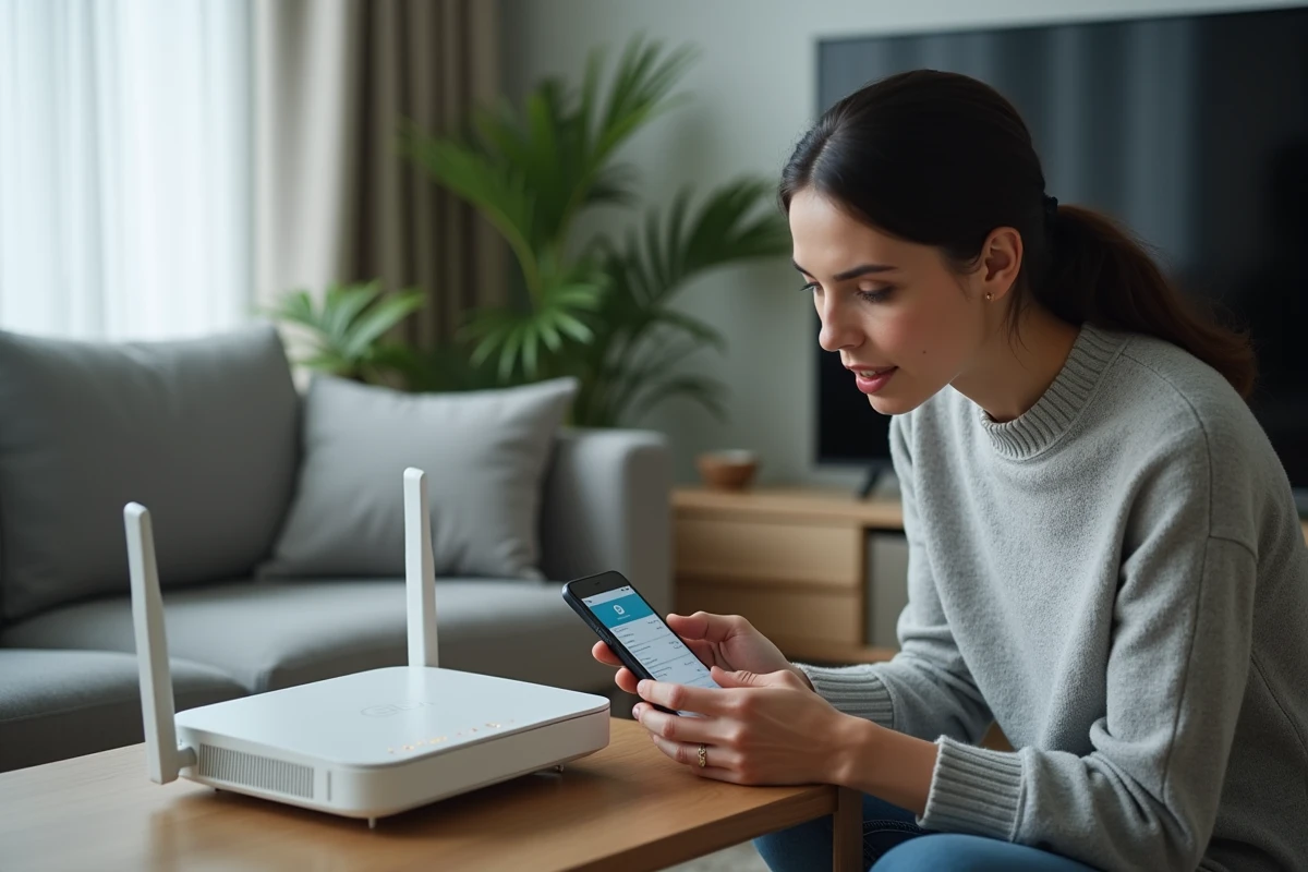 Femme vérifiant les paramètres de sécurité Wi-Fi sur son smartphone à côté d'un routeur domestique dans un salon moderne
