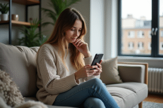 Femme assise sur un canapé dans un appartement moderne regardant son smartphone