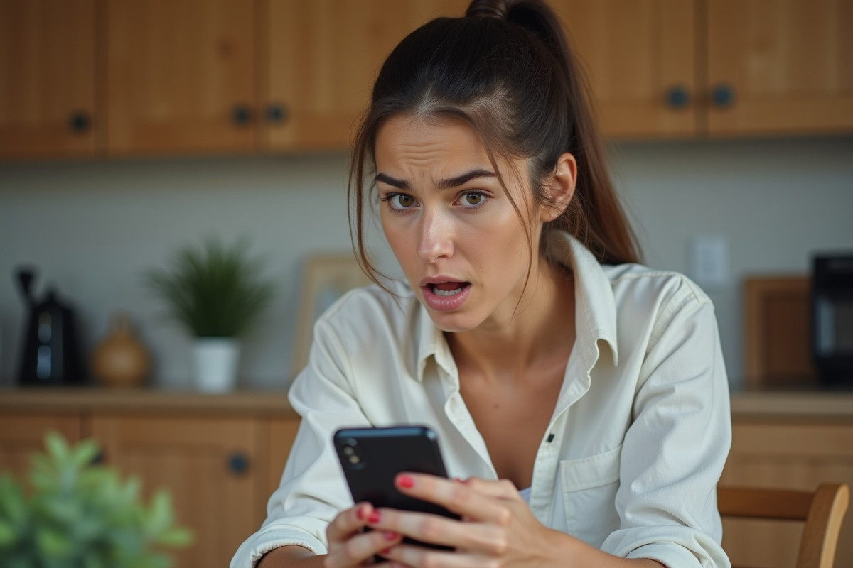 Jeune femme surprise lisant un message frauduleux sur son téléphone