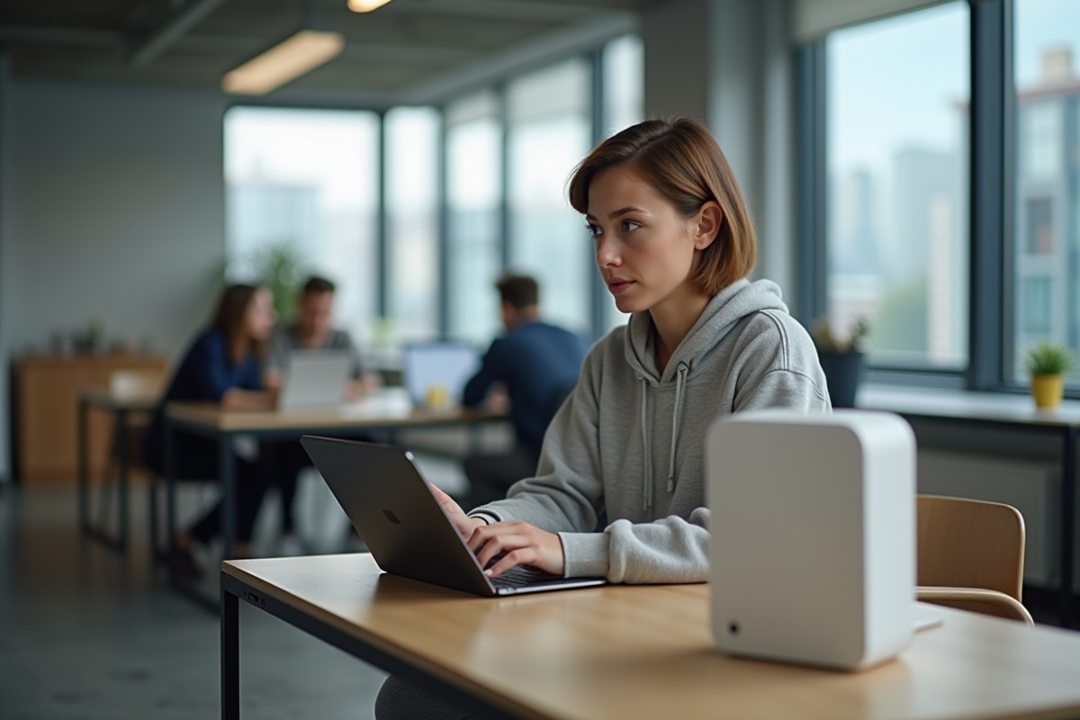 Jeune femme travaillant sur une tablette dans un espace coworking