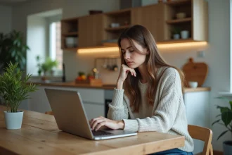 Jeune femme concentrée devant son ordinateur portable à la maison