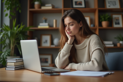 Jeune femme en télétravail à la maison avec ordinateur