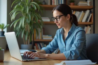 Femme concentrée travaillant sur son ordinateur dans un bureau moderne