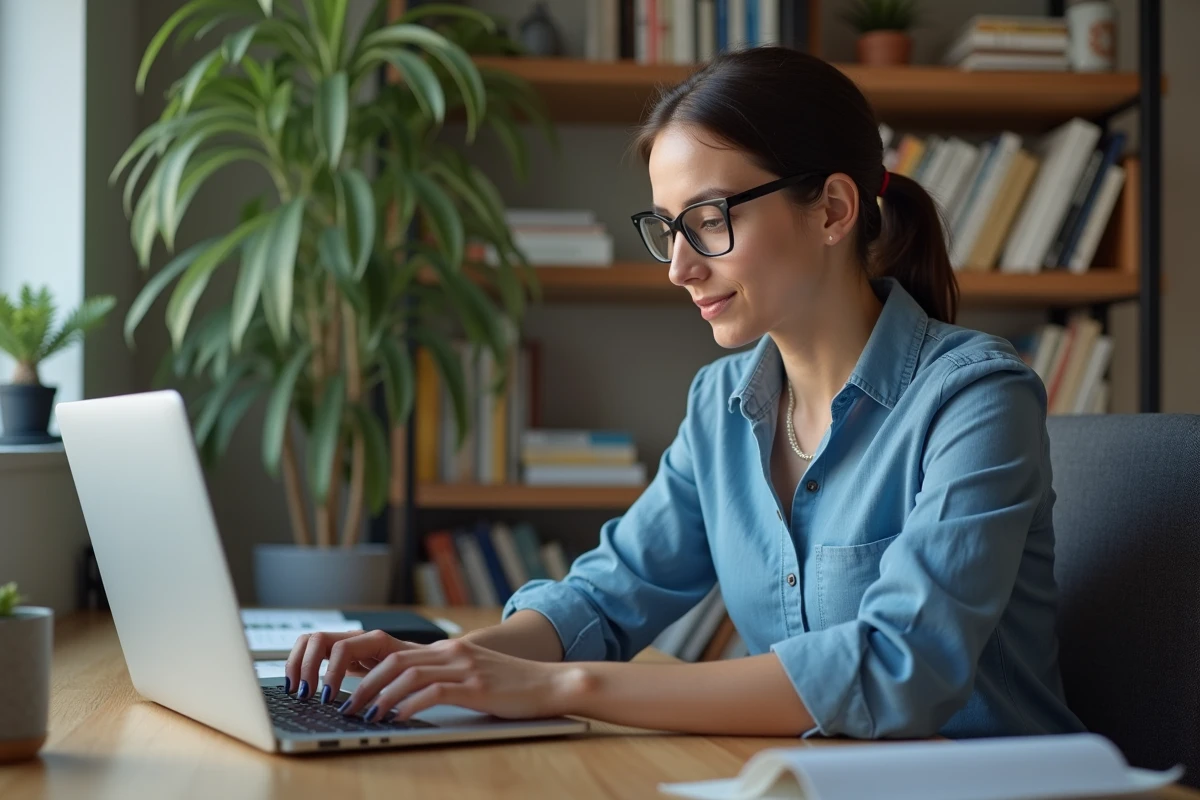 Femme concentrée travaillant sur son ordinateur dans un bureau moderne
