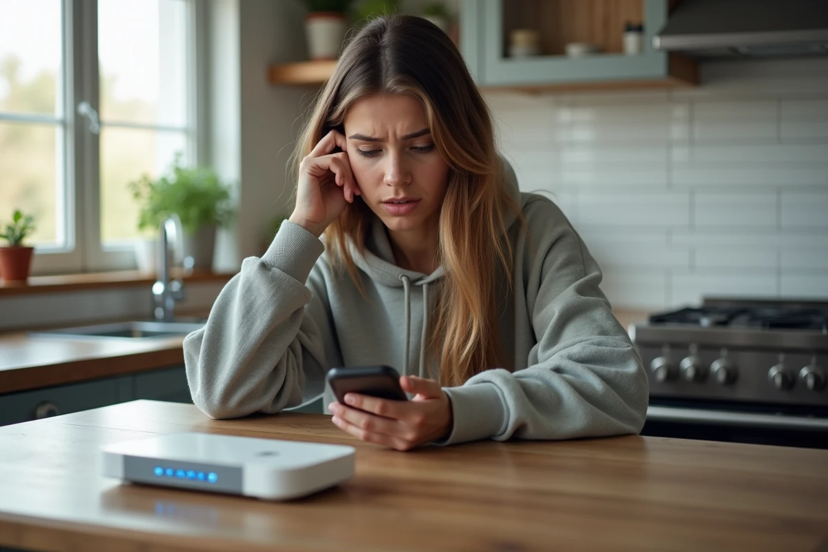 Femme vérifiant un modem avec un code erreur dans la cuisine
