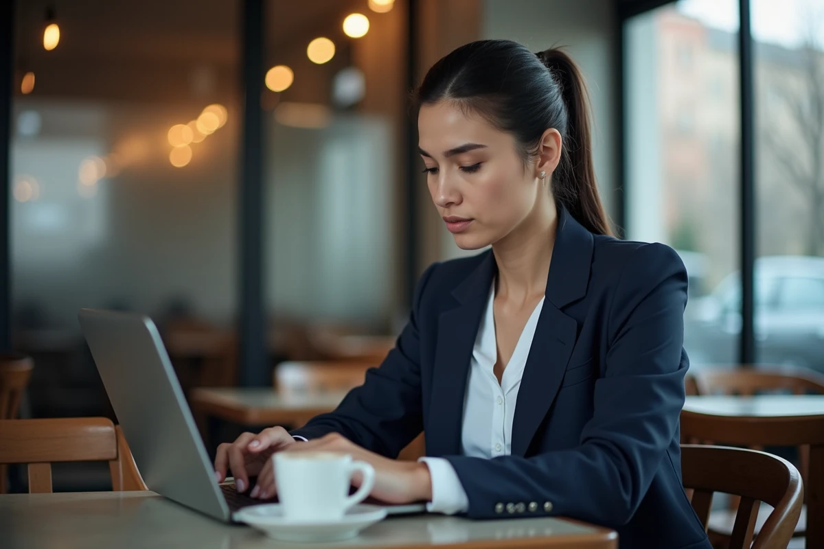 Femme utilisant un VPN sur son ordinateur dans un café parisien pour contourner les restrictions internet