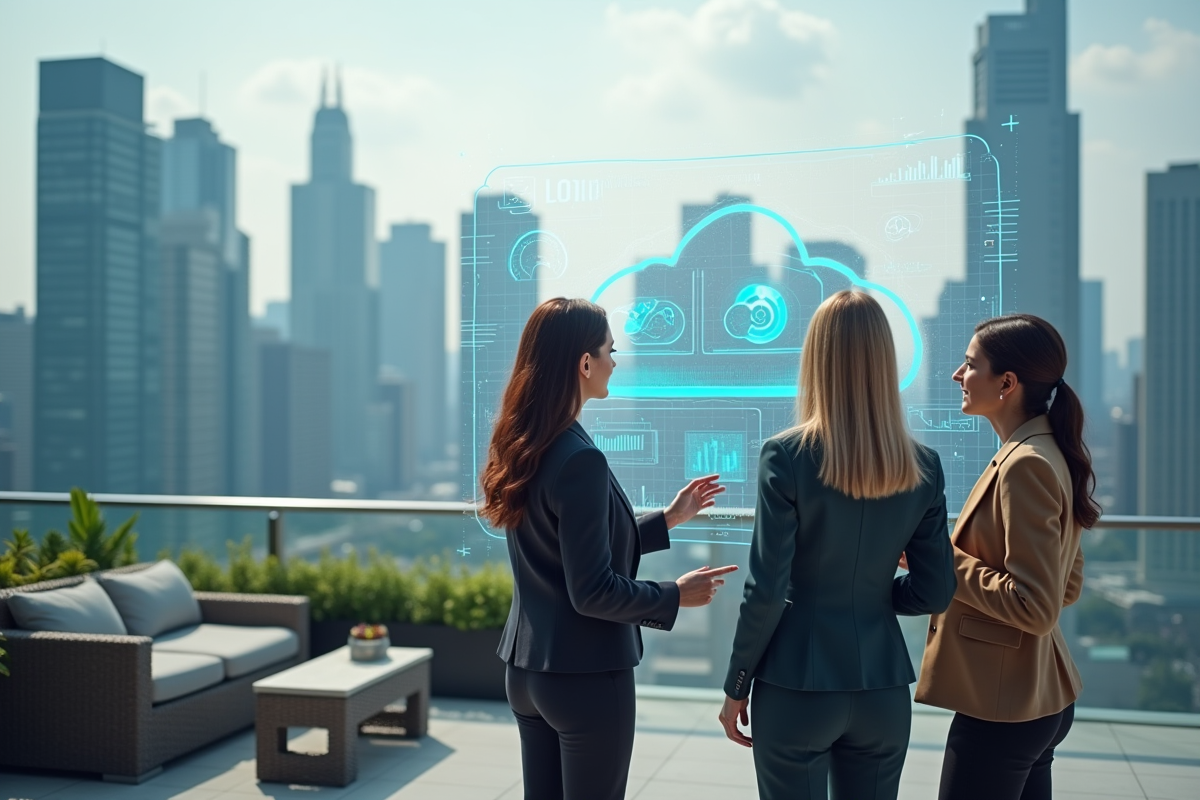 Groupe de femmes analysant des données sur une terrasse urbaine