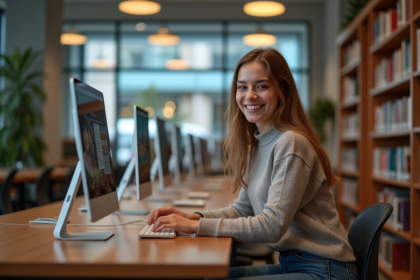 Jeune femme dans une bibliothèque naviguant sur un site accessible