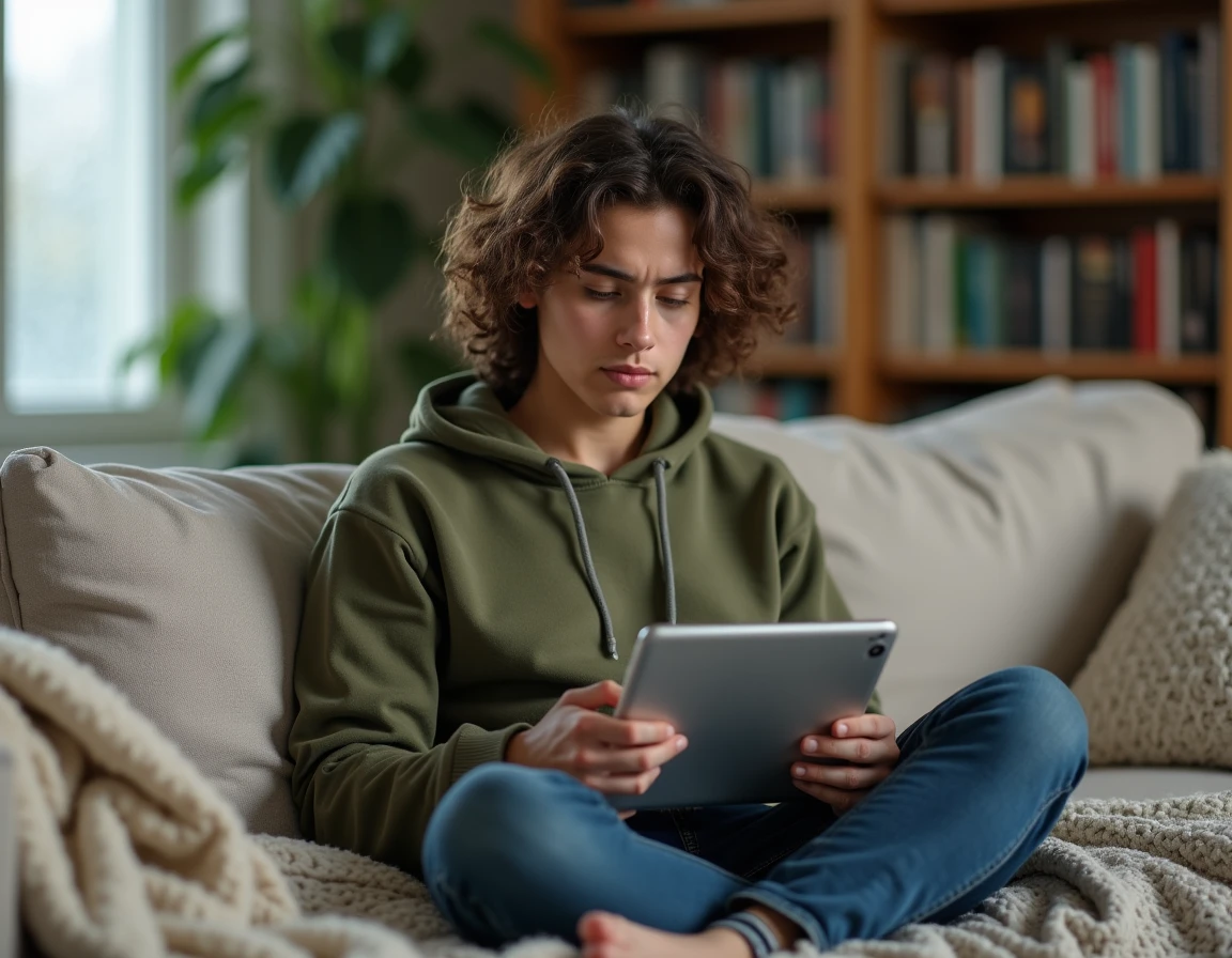 Personne appliquant des filtres de recherche avancée sur une tablette dans un salon confortable