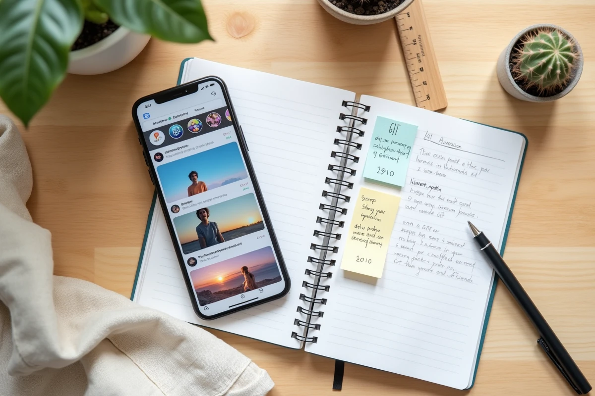Vue de dessus d'un bureau avec smartphone affichant des options de format GIF pour Instagram Stories et notes de stratégie