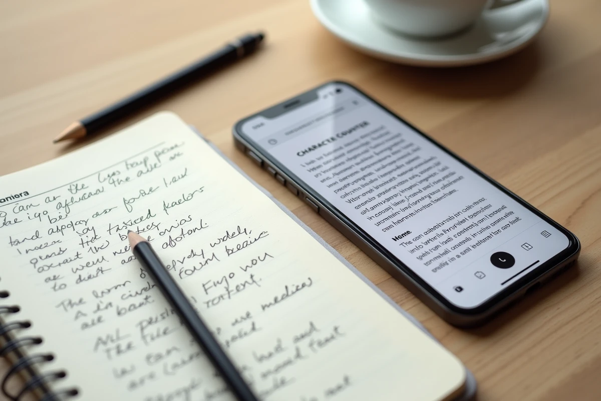 Vue en plongée d'un bureau avec smartphone affichant un calculateur de signes, carnet et café