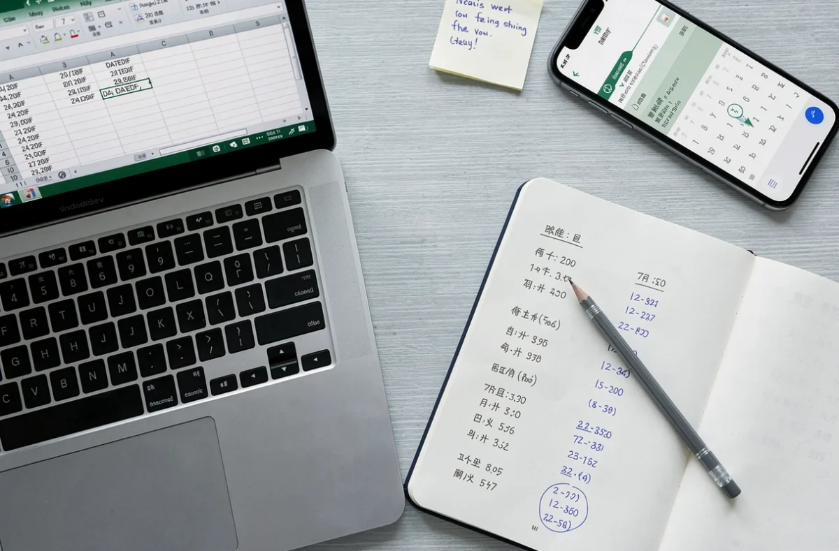 Vue de dessus d'un ordinateur portable affichant une formule DATEDIF Excel avec des notes manuscrites de correction de dates