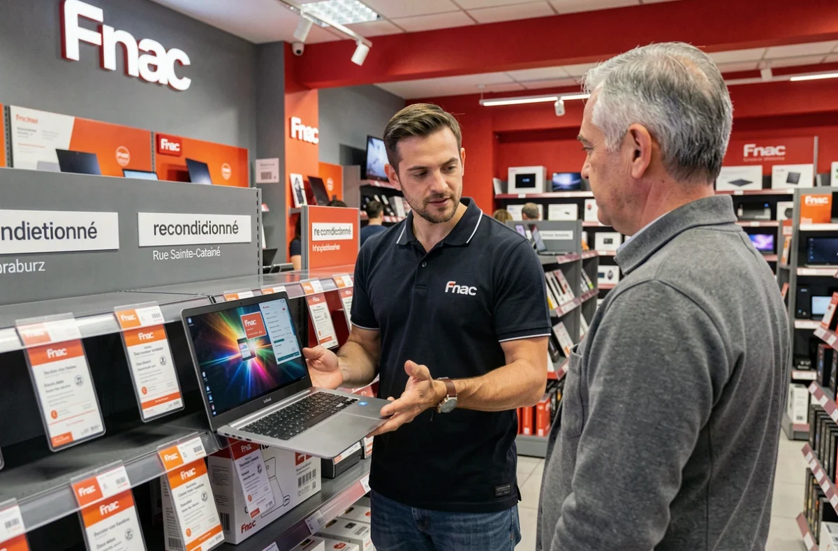 Conseiller Fnac Bordeaux Sainte-Catherine présentant un ordinateur portable labellisé reconditionné à un client dans l'espace dédié au matériel remis à neuf