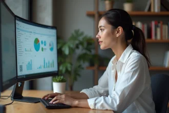 Freelance femme analysant des tableaux de bord de productivité sur un écran dans un bureau moderne minimaliste