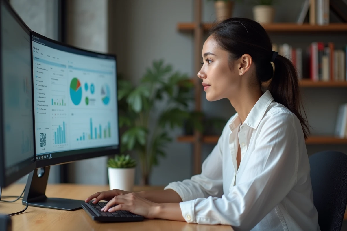 Freelance femme analysant des tableaux de bord de productivité sur un écran dans un bureau moderne minimaliste