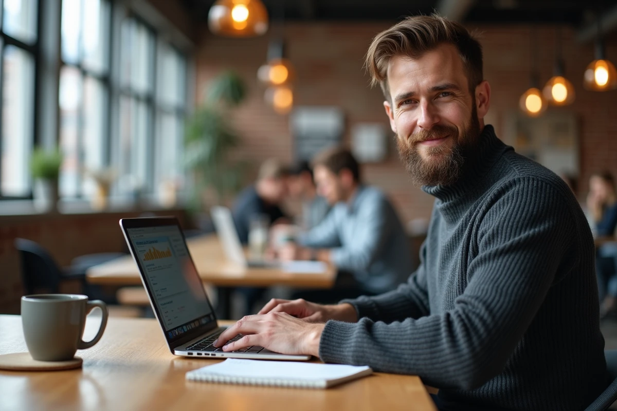Freelance homme travaillant sur un logiciel de gestion de projets dans un espace de coworking industriel