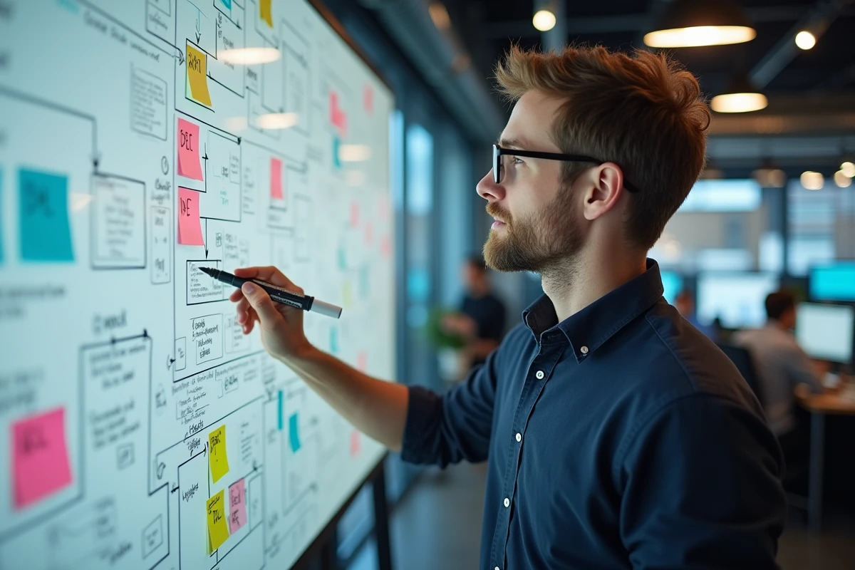 Game designer présentant un document de conception de jeu sur tableau blanc dans un studio de développement