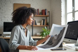 Graphiste comparant une photo imprimée et les paramètres de résolution DPI sur un écran d'ordinateur dans un studio de design