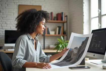 Graphiste comparant une photo imprimée et les paramètres de résolution DPI sur un écran d'ordinateur dans un studio de design