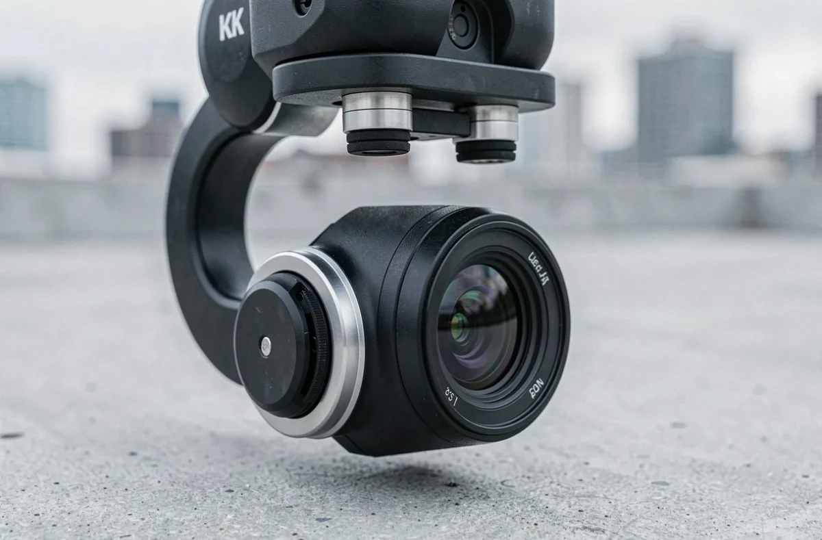 Gros plan sur le cardan et l'objectif d'une caméra drone 4K avec détails mécaniques et optiques visibles