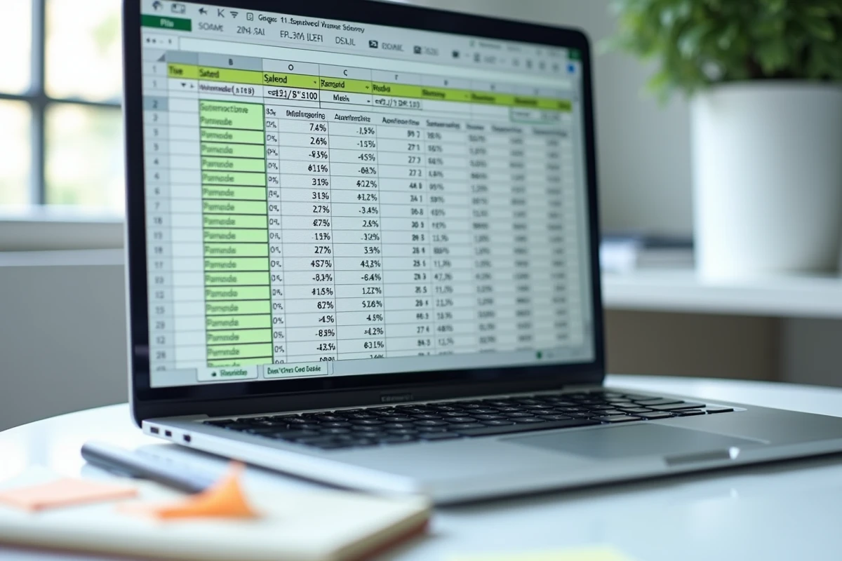 Gros plan d'un écran Excel affichant des formules de calcul de pourcentage avec des notes manuscrites
