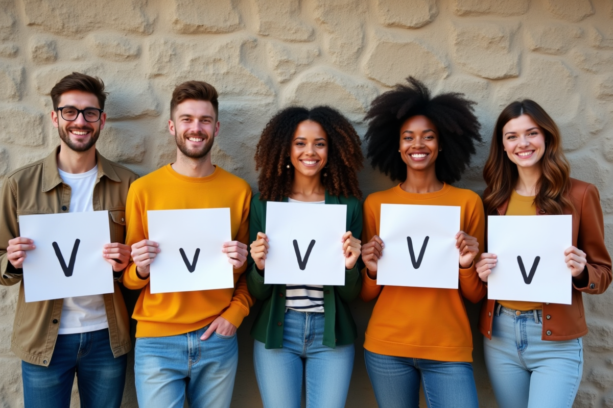 Cinq adultes souriants tenant des cartes V devant un mur en pierre