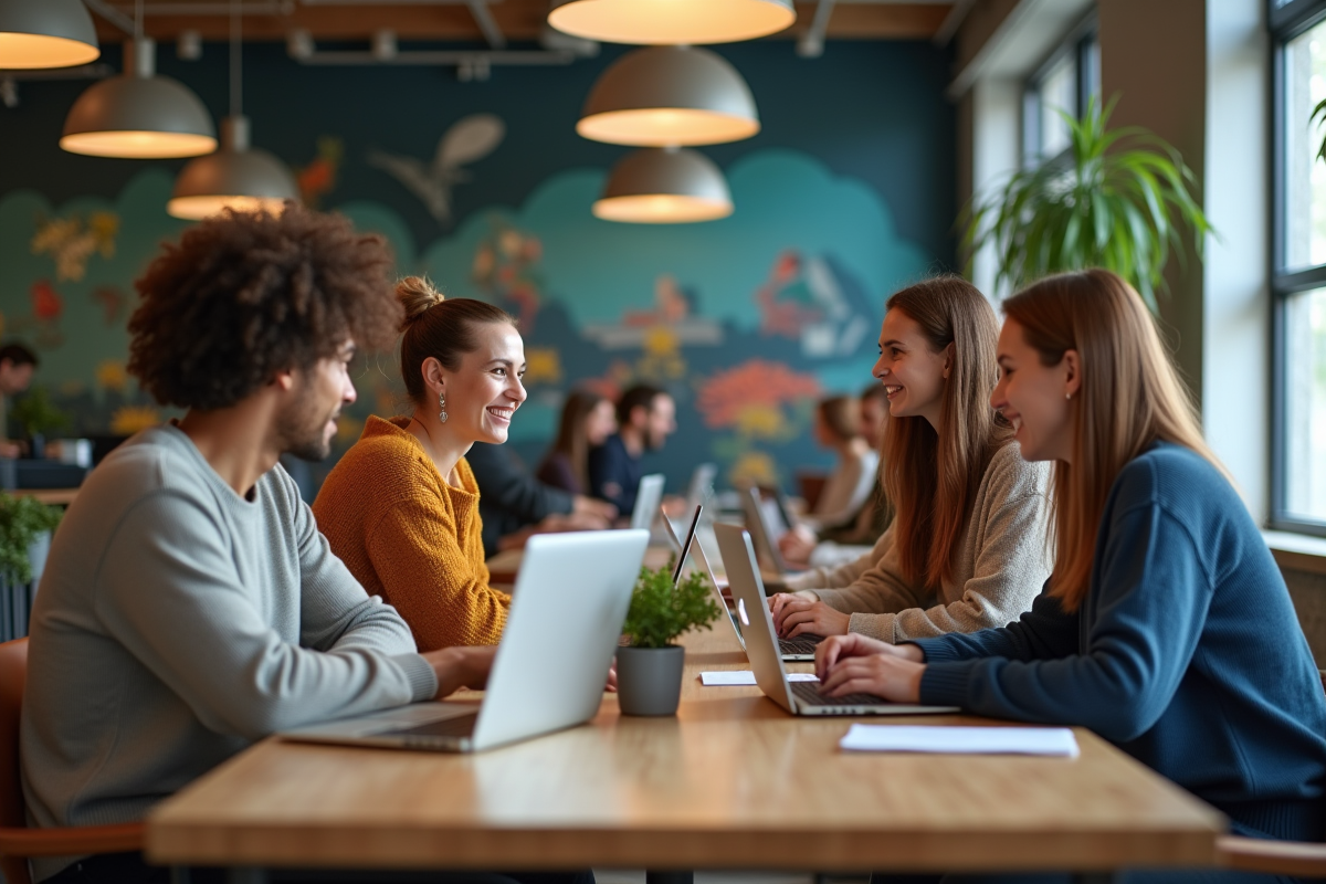 Groupe de developpeurs en discussion dans un espace de coworking