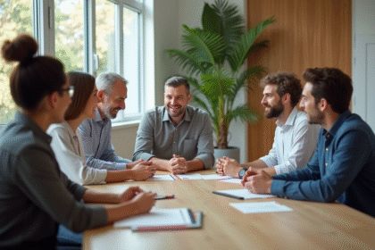 Groupe de six adultes en réunion dans un bureau moderne