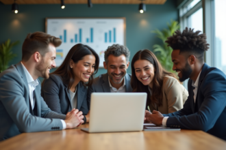 Groupe de jeunes professionnels autour d'un tableau analytique