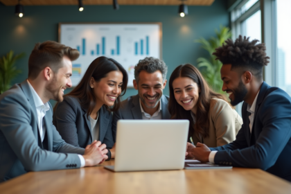 Groupe de jeunes professionnels autour d'un tableau analytique