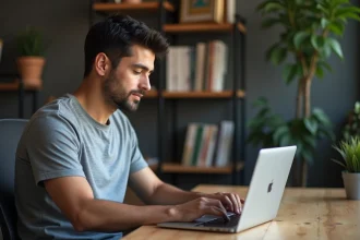Homme tapant une adresse IP locale sur un ordinateur portable dans un bureau à domicile