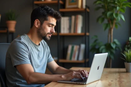 Homme tapant une adresse IP locale sur un ordinateur portable dans un bureau à domicile