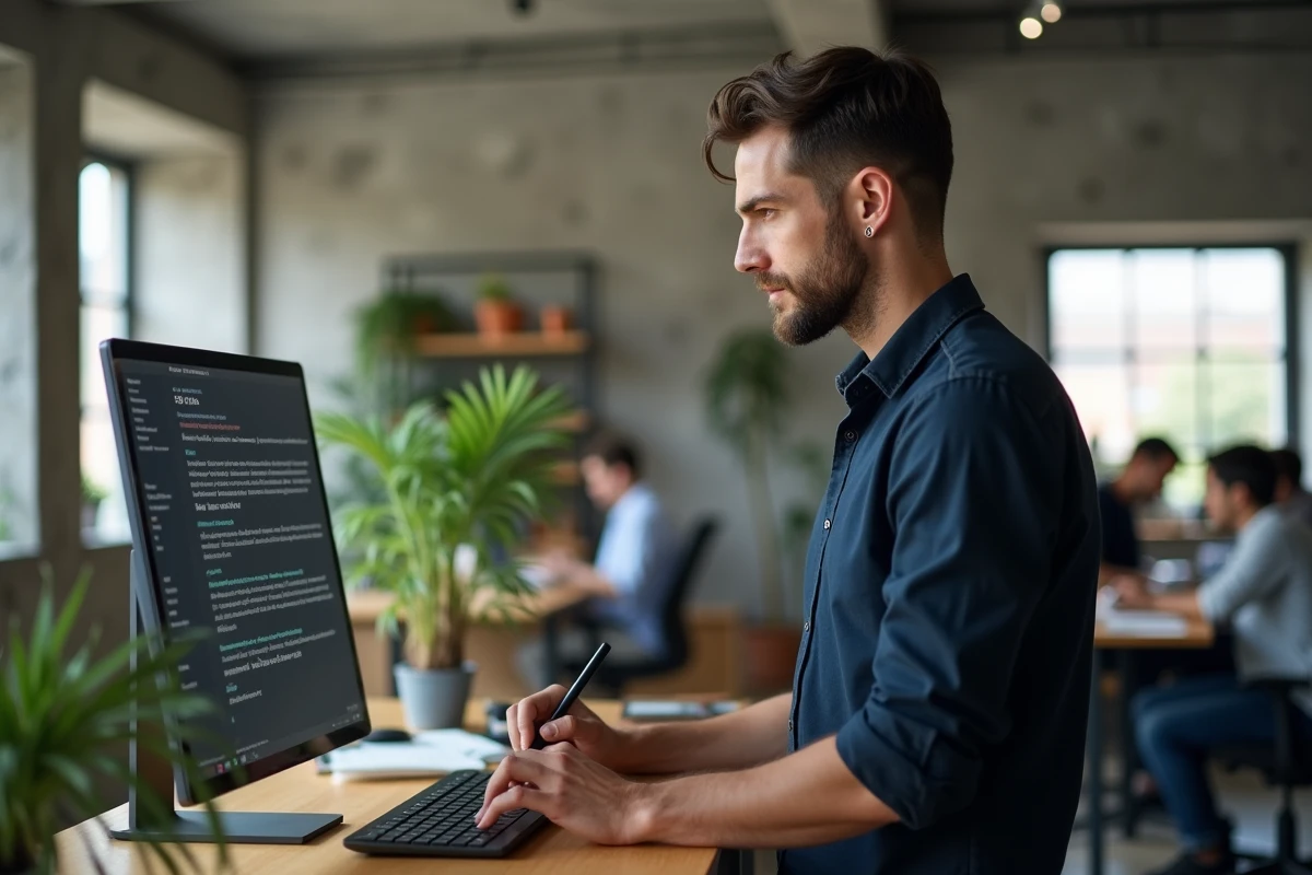 Homme en agence créative consultant un outil de comptage de caractères sur tablette et ordinateur