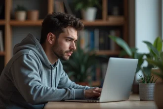 Homme frustré devant un message de blocage de site web sur son ordinateur portable à domicile