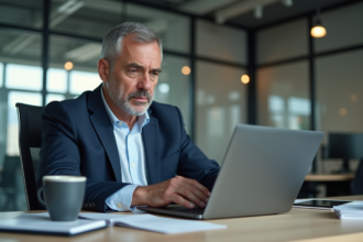 Homme d affaires examinant un email suspect sur son ordinateur