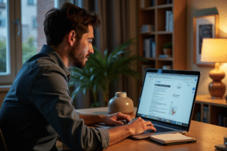 Homme en bureau analysant des données SEO sur son ordinateur