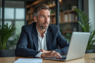 Homme d affaires concentré devant son ordinateur dans un bureau moderne