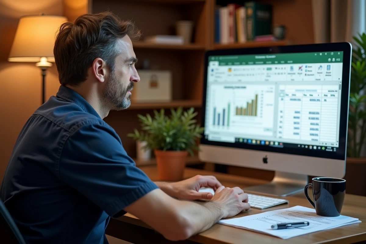 Homme calculant des pourcentages sur Excel depuis son bureau à domicile avec des feuilles imprimées